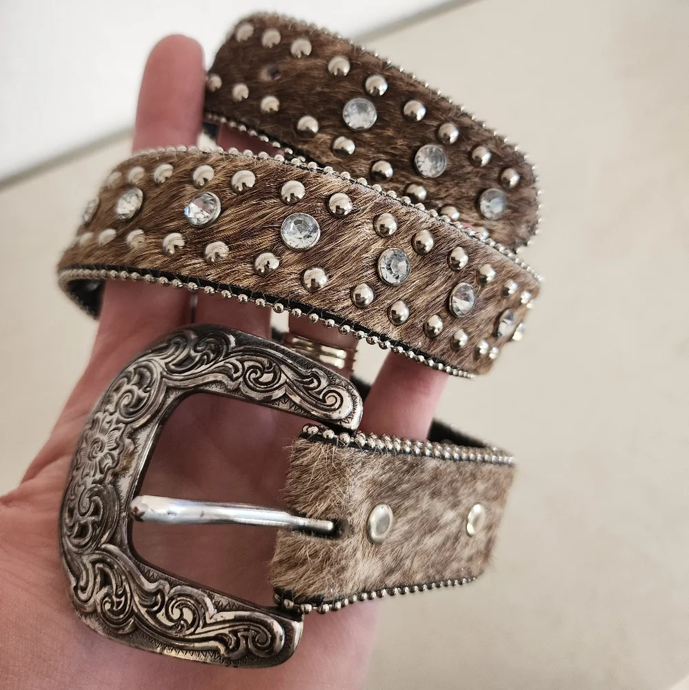Nocona Brown Cowhide Hair On and Silver Rhinestone Studded Western Belt Sz 22in